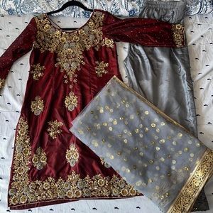 Maroon and grey embroidered Punjabi pant suit